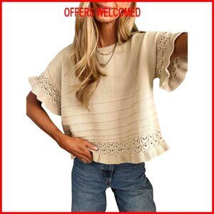 Short Sleeve Cotton Blend Pullover Sweater with Ruffle Hem Casual Top